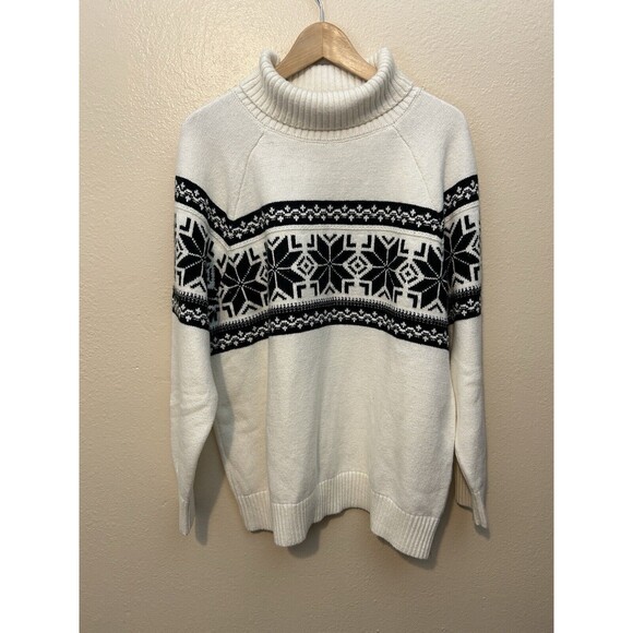 Lands' End Sweaters - Lands End XL Sweater Pullover Wool Blend Fair Isle Nordic Turtleneck Cream White